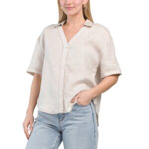 LABLE OF LOVE Oatmeal Linen Short Sleeve Top With Contrast Stitching